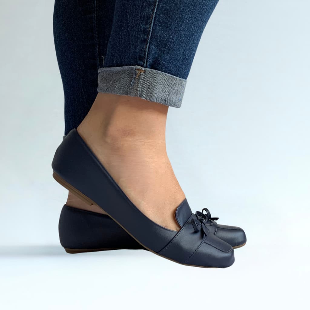 Sapatilha Mocassim Feminina Confortável Bico Quadrado Azul Laço Infinito Elegante