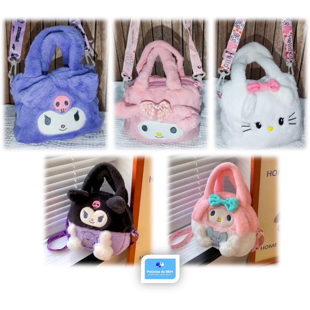 Bolsa Bolsinha de Pelúcia - Turma da Hello Kitty Sanrio - alça transversal e alça de mão - Presente Menina