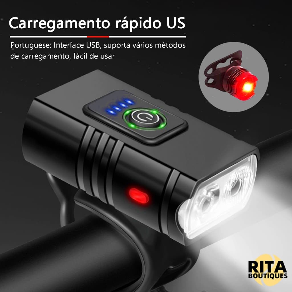 Kit Lanterna Bike E Farol Recarregável À Prova D'Água Rotação De 360° Luz De Led Para Bicicleta