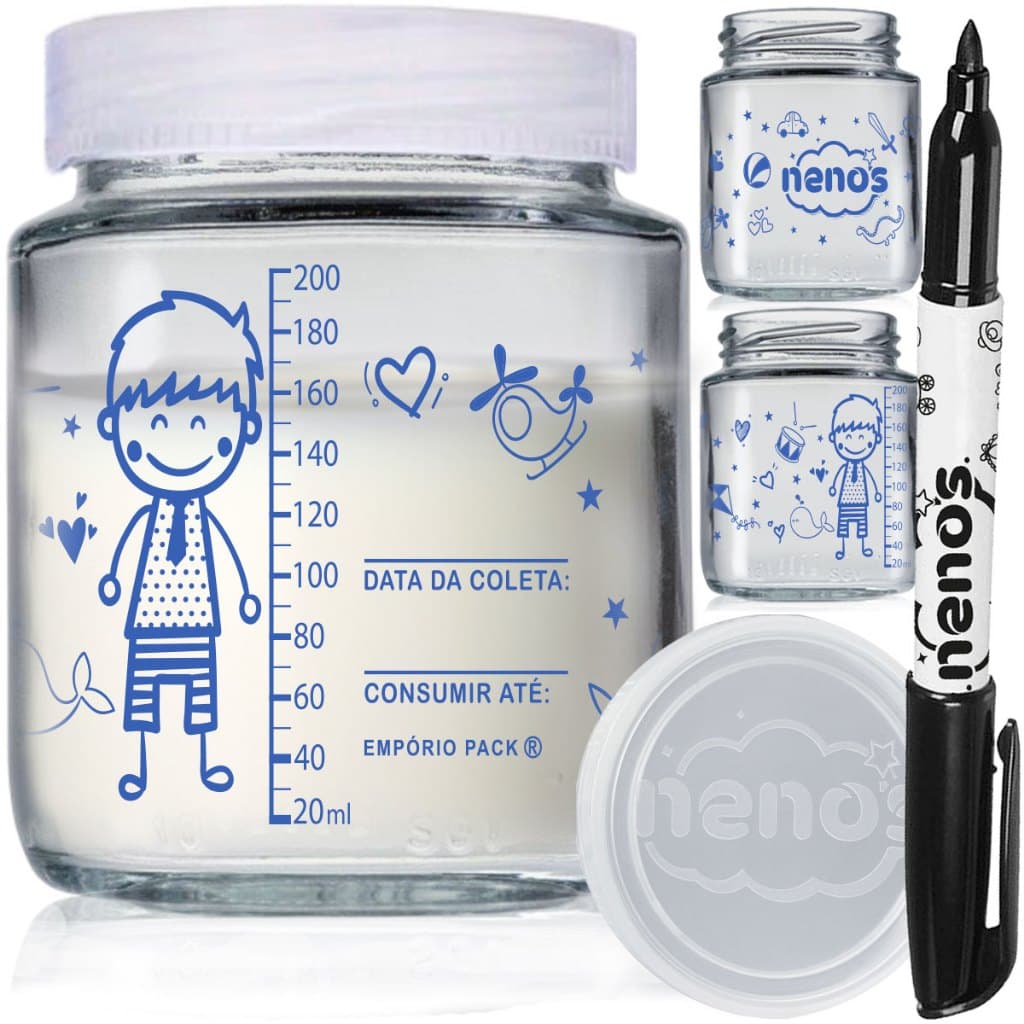 10 Potes de Vidro Armazenar Leite Materno ou Papinha com Graduação 200ml (MENINO 240ML)