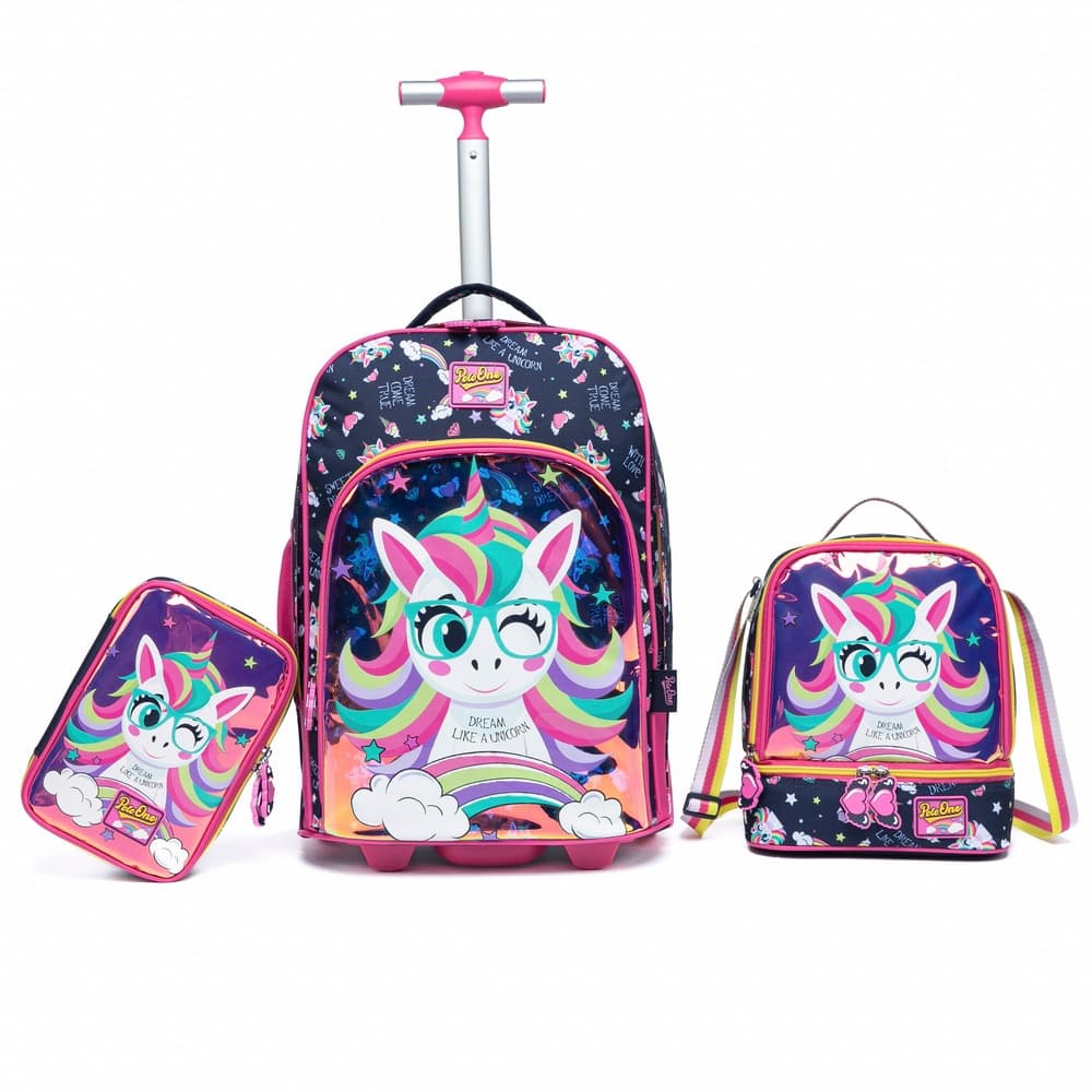 Kit Mochila Rodinha Unicórnio Menina Infantil Escolar Lancheira Térmica Estojo Organizador