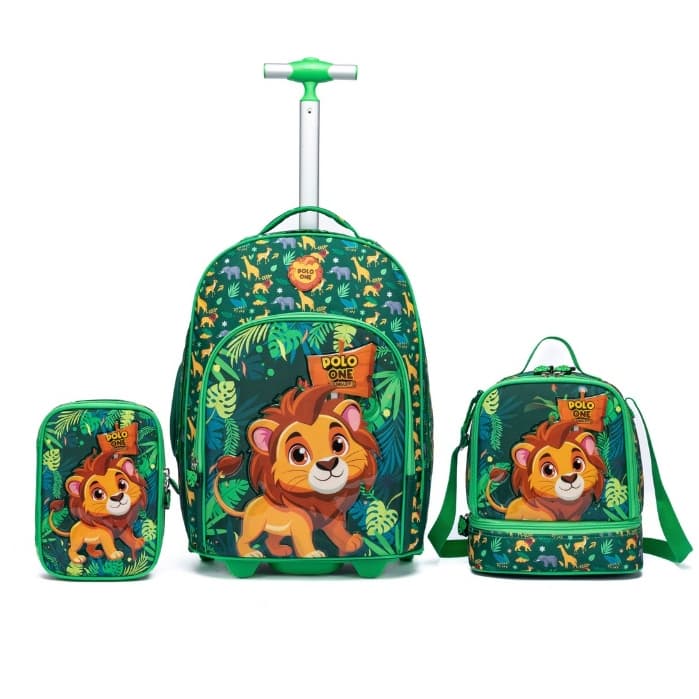 Kit Mochila Rodinha Leão Creche Pré escola Menino Infantil Lancheira Térmica Estojo Organizador