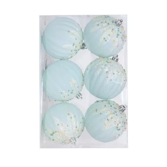 Bolas De Natal Listra Glitter Azul 8cm Jogo C/ 6 Peças