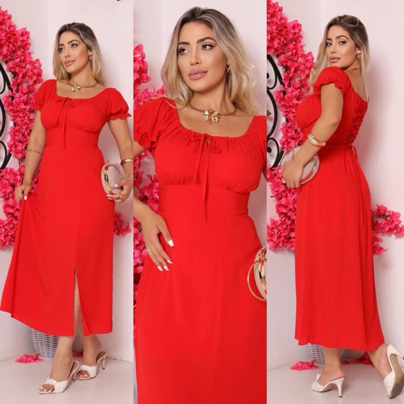 Vestido Midi Ciganinha Manga Princesa Liso Feminino