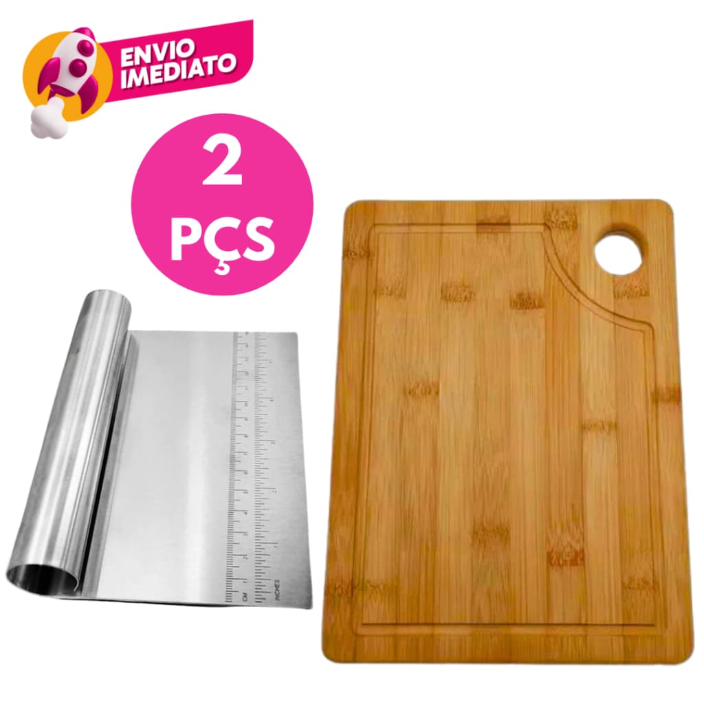 Kit Espátula Reta Massa E Legumes Inox + Tábua De Corte Carne Em Madeira Utensilio Cozinha