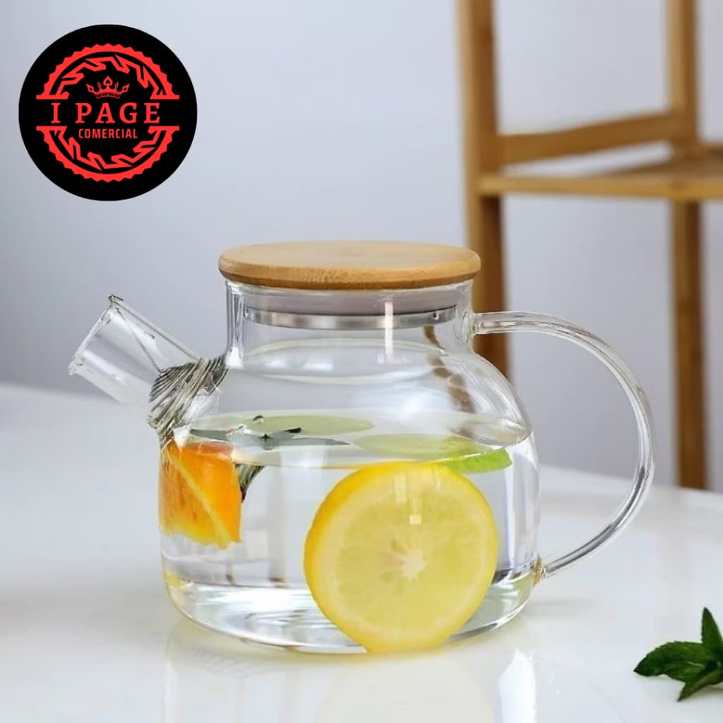 Chaleira de Vidro Bule 1,8L com Coador Tampa de Bambu Premium