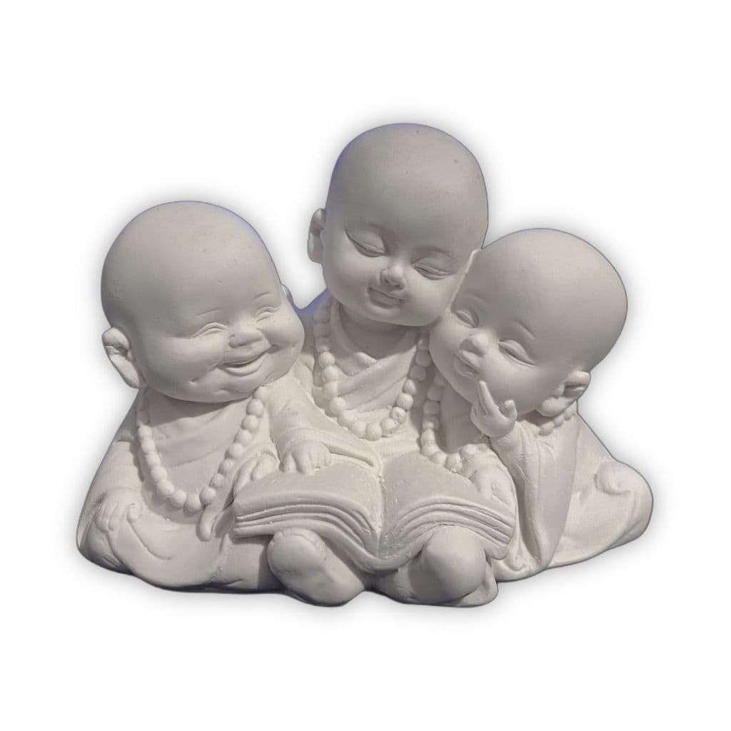 Trio de Buda Estudando 8 cm em Gesso Cru