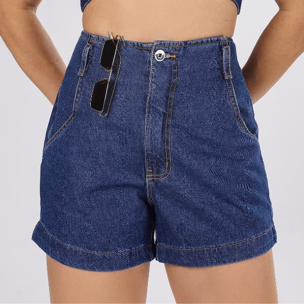 Short Jeans Feminino Cós Alto Bolso Faca 100% Algodão Sem Lycra Bermuda
