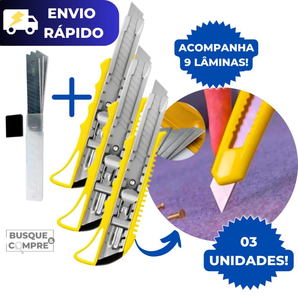 Kit 2 Estiletes com + 6 Lâminas Afiadas para Cortar Papelão Tecidos Papel Plástico Metal Reforçado