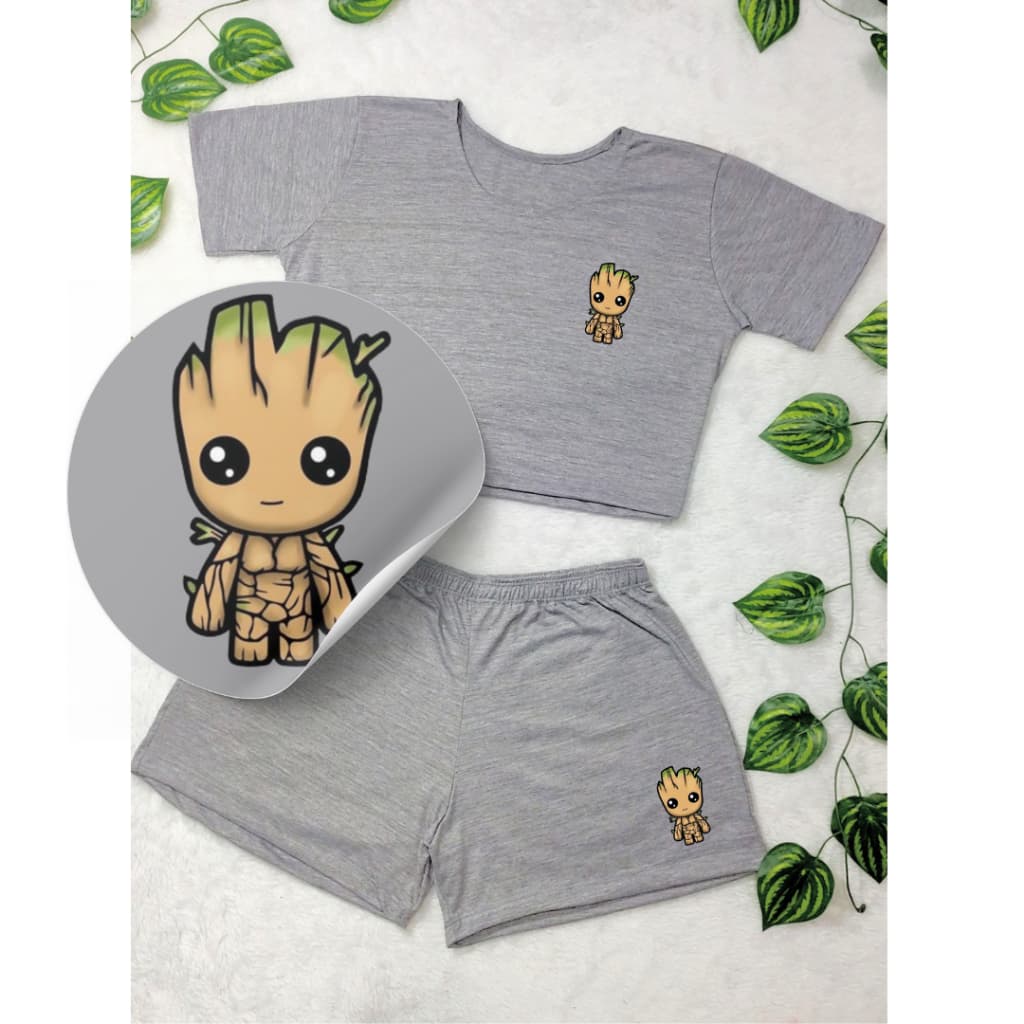 Conjunto Feminino Blusa Cropped + Short Estampada GROOT  Roupa Feminina Kit academia