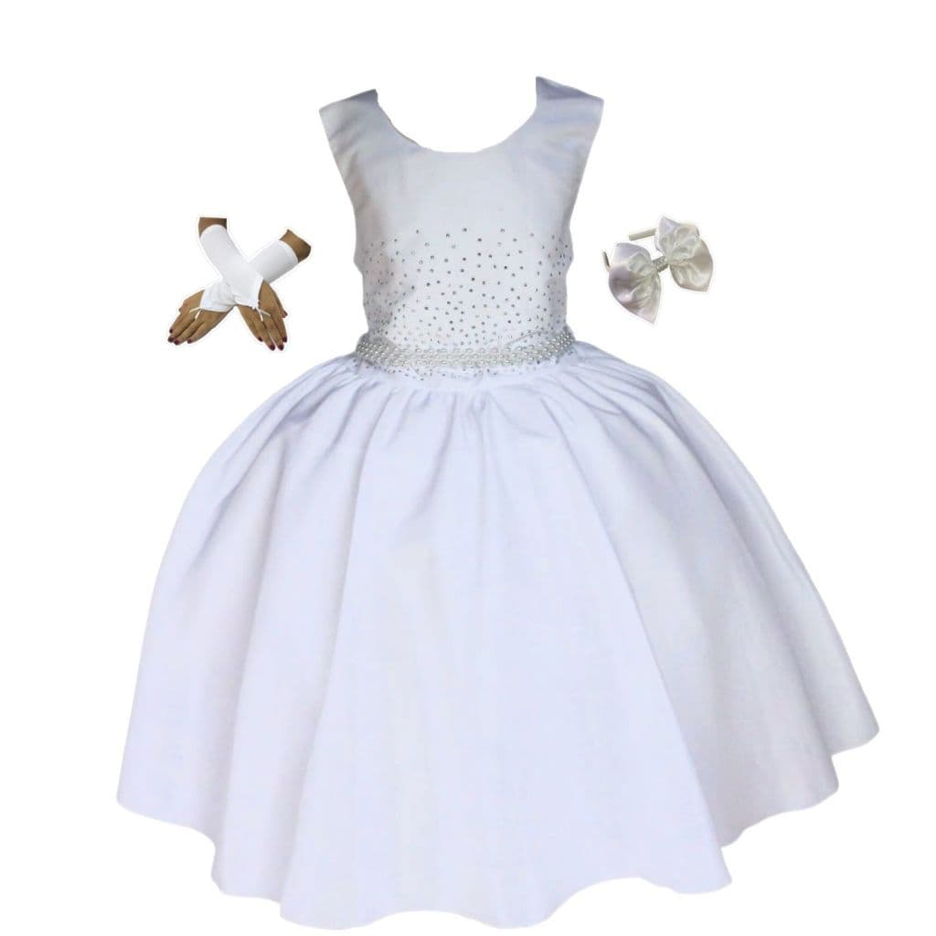 Vestido Branco Casamento Daminha Festa Formatura Primeira Comunhão Com Tiara e Luvas.