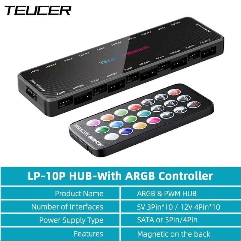 Controladora de fan ARGB 5v 3 Pinos Hub 10 Portas + PMW - Teucer