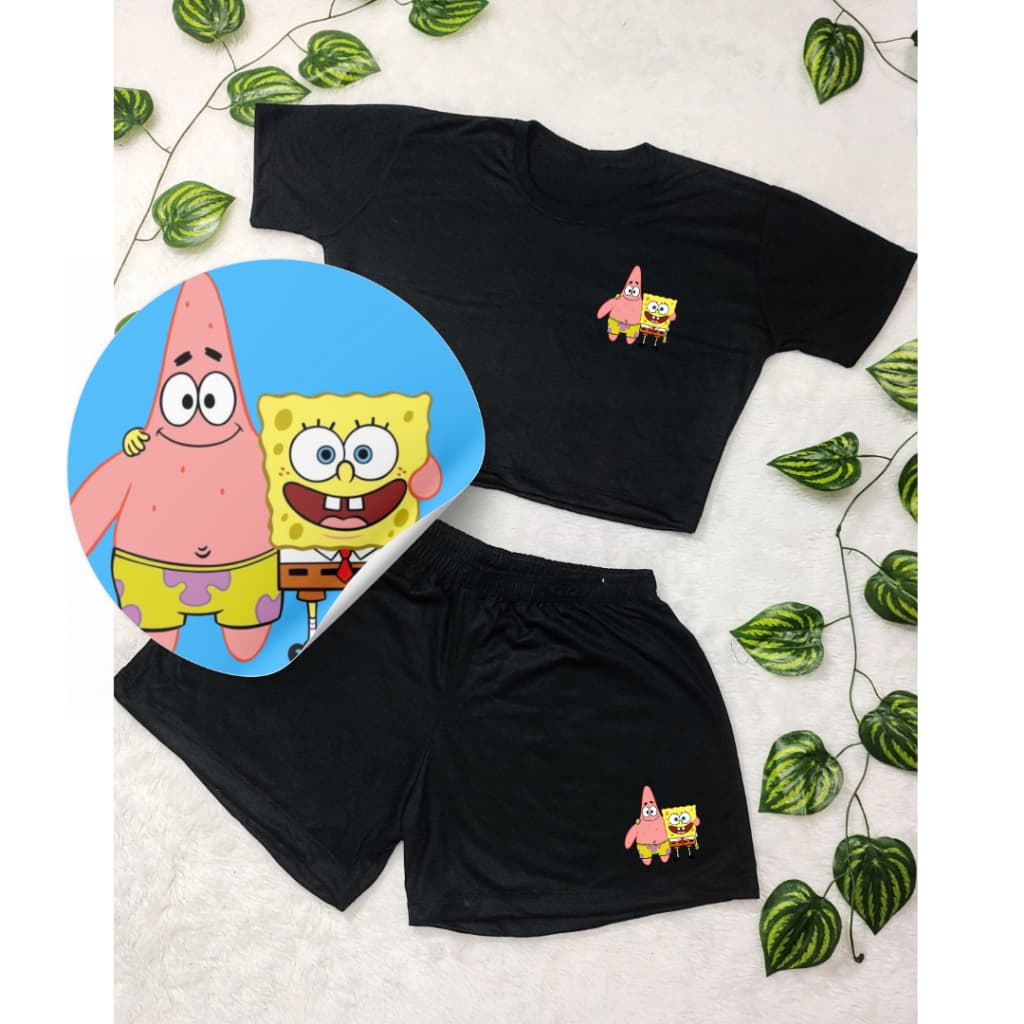Conjunto Feminino Blusa Cropped + Short Estampada Bo Esponja  Roupa Feminina Kit academia.