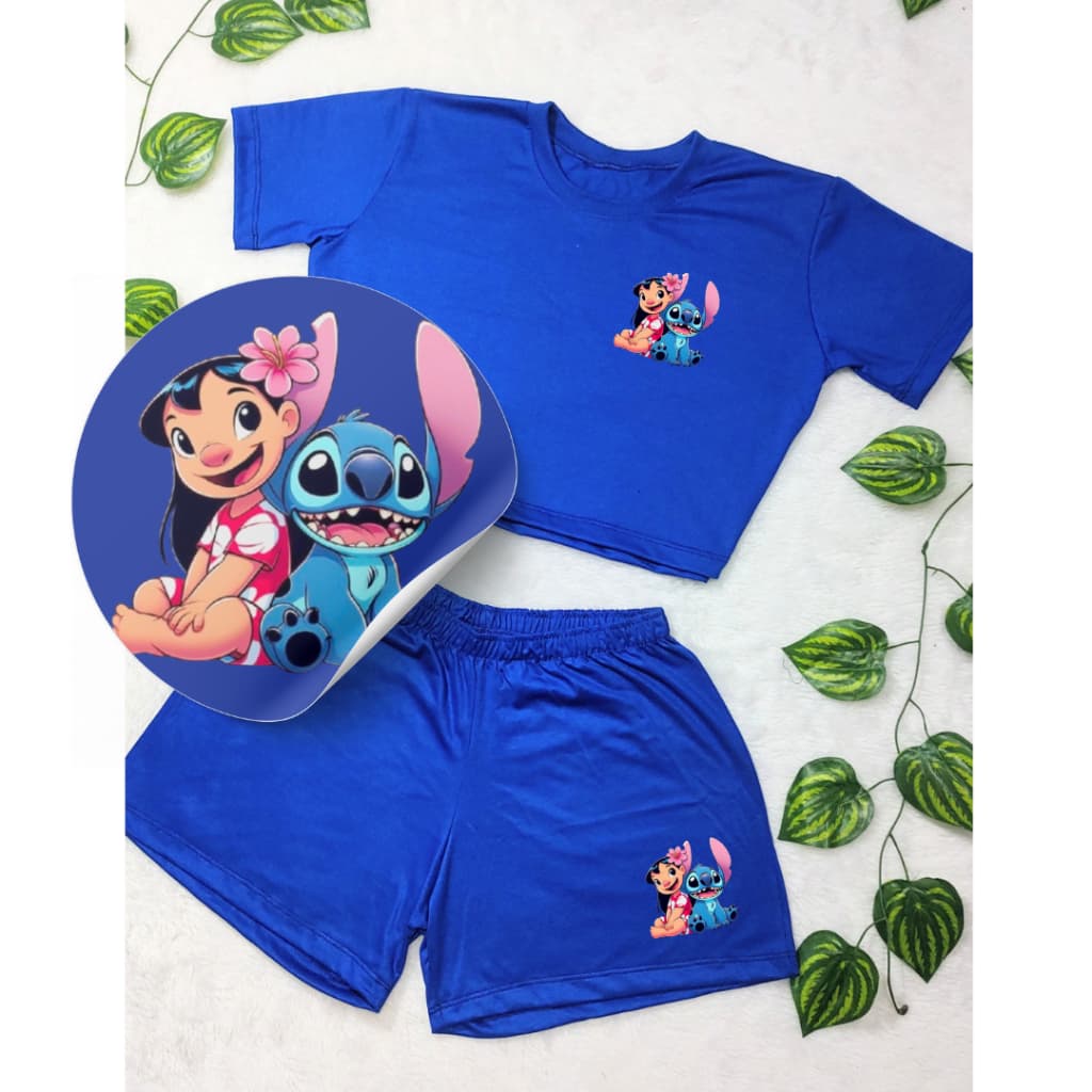 Conjunto Feminino Blusa Cropped + Short Estampada Lillo e Stitch Roupa Feminina Kit academia.