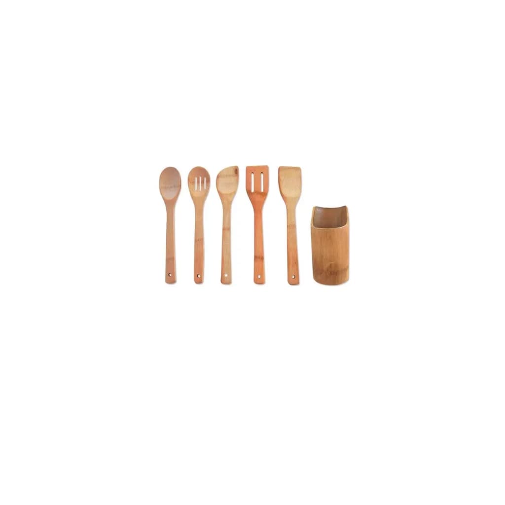 Kit Jogo De Utensilios Em Bambu P Cozinha C Suporte 06 Peças Cor Bege