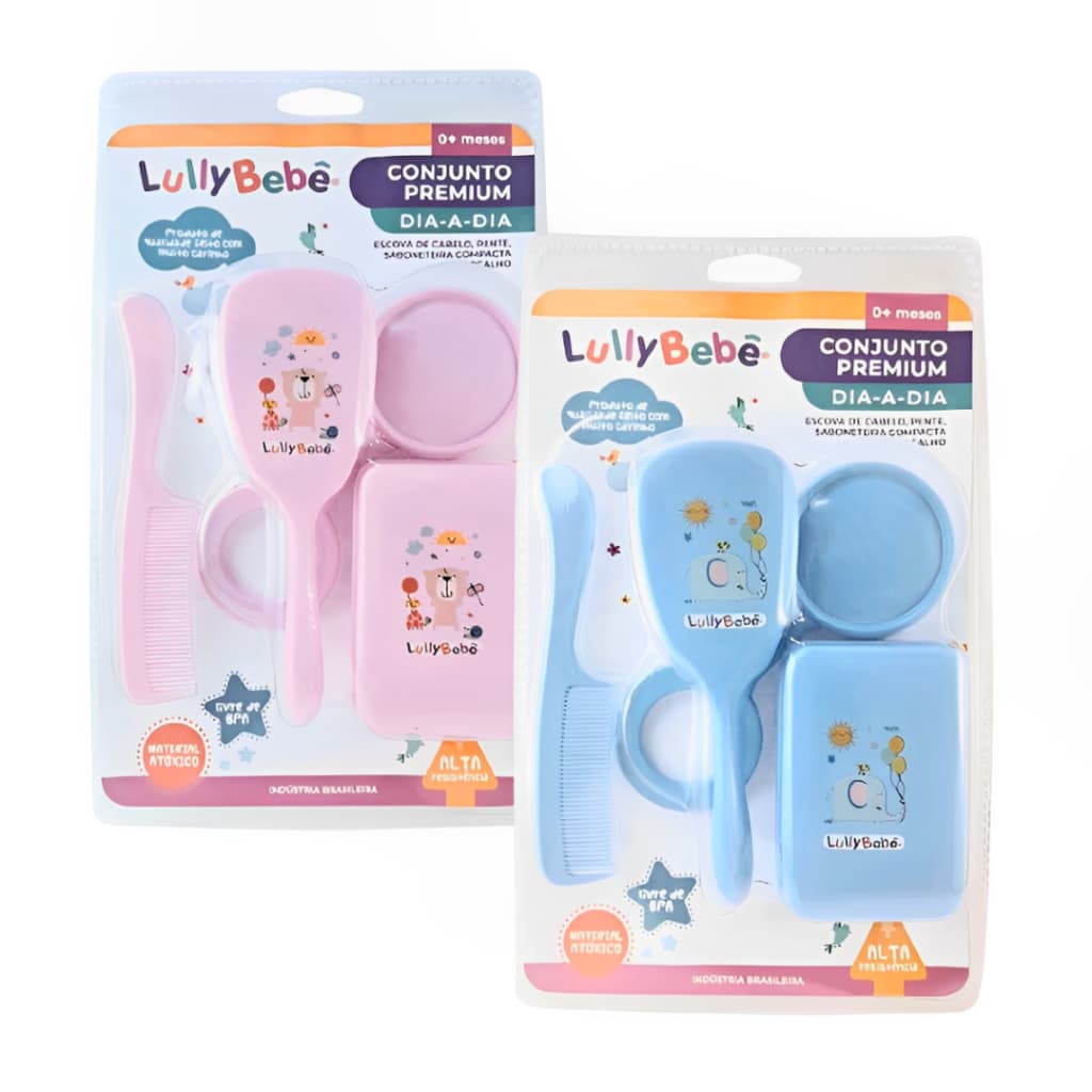 Kit Escova Pente Saboneteira compacta e Chocalho Alta Resistencia ATOXICO - Azul e Rosa Lully Bebe
