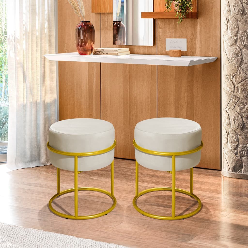 Puff Banqueta Redonda Decorativa com Base de Ferro Dourada, para Sala, Recepção, Provador