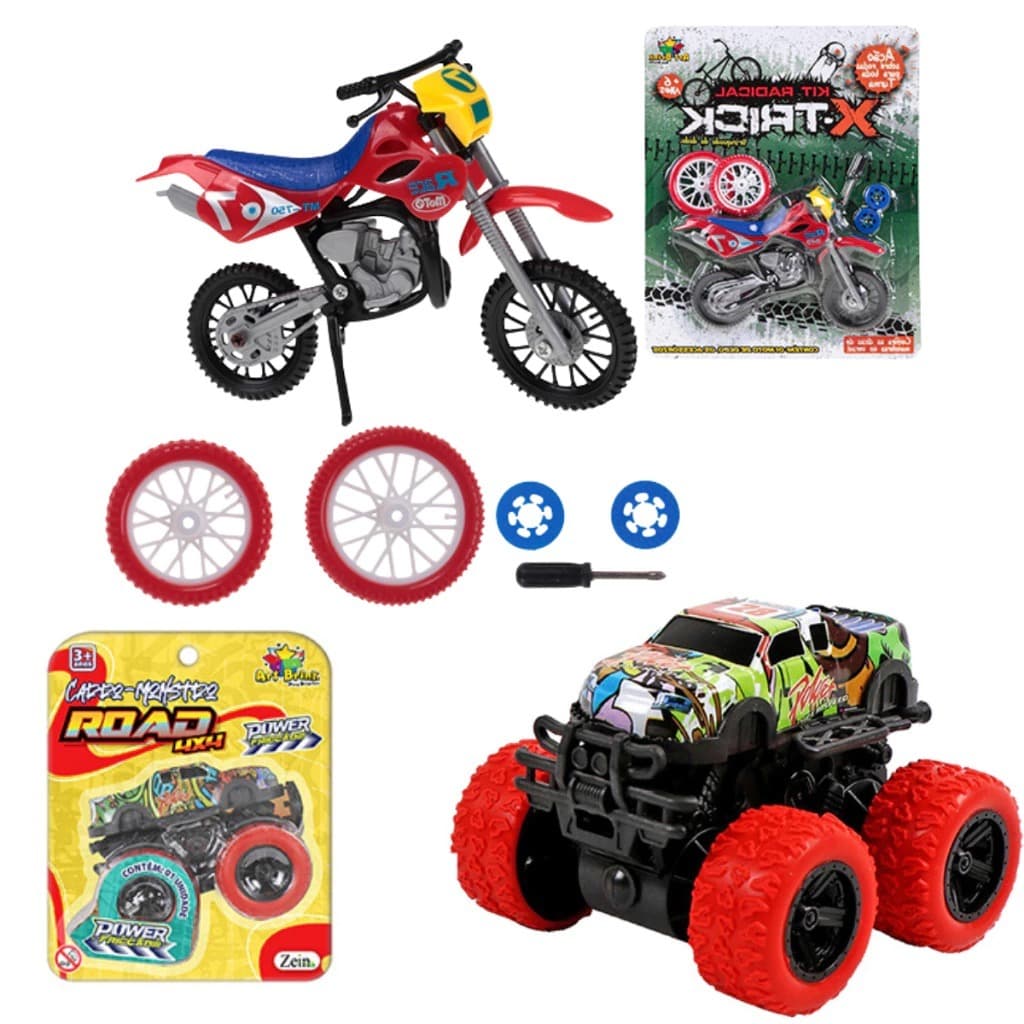 (Kit Carrinho De Fricção 4x4 Mais Moto De Dedo Motinha Super Radical)Brinquedo Criança
