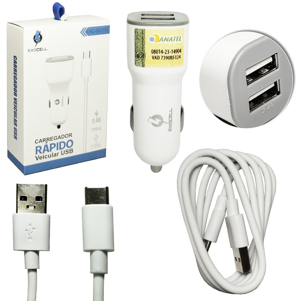 CARREGADOR VEICULAR RAPIDO COM 2 SAIDAS USB 2.4A + CABO TIPO C EXOCELL 1M