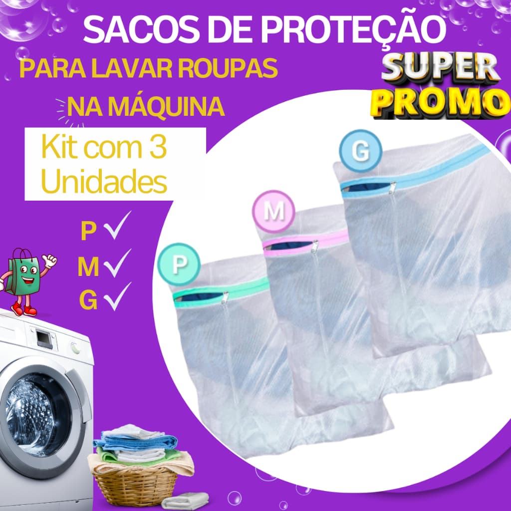 Sacos de Proteção para Lavar Roupas na Máquina - KIT com 3 Unidades (P+M+G)