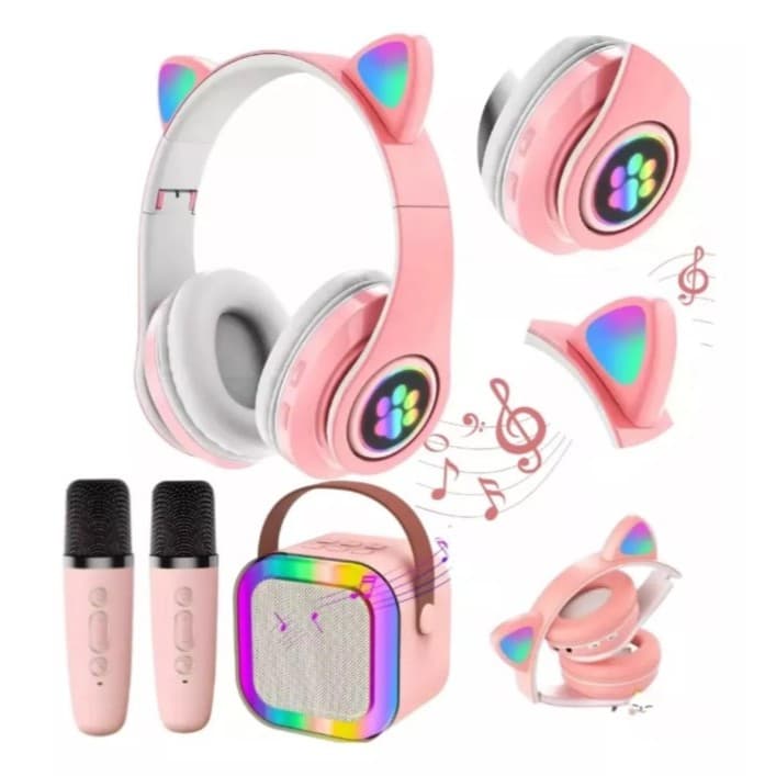 Fone Gatinho Infantil + Caixa De Som Karaokê Com 2 Microfone