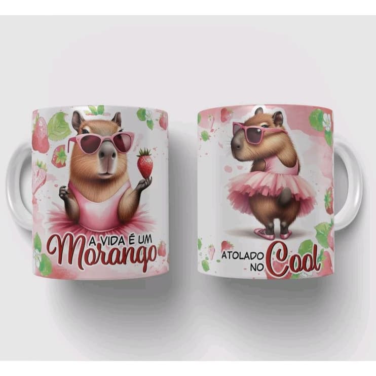 Caneca xícara estampa Capivara Divertida frase Morango no cool
