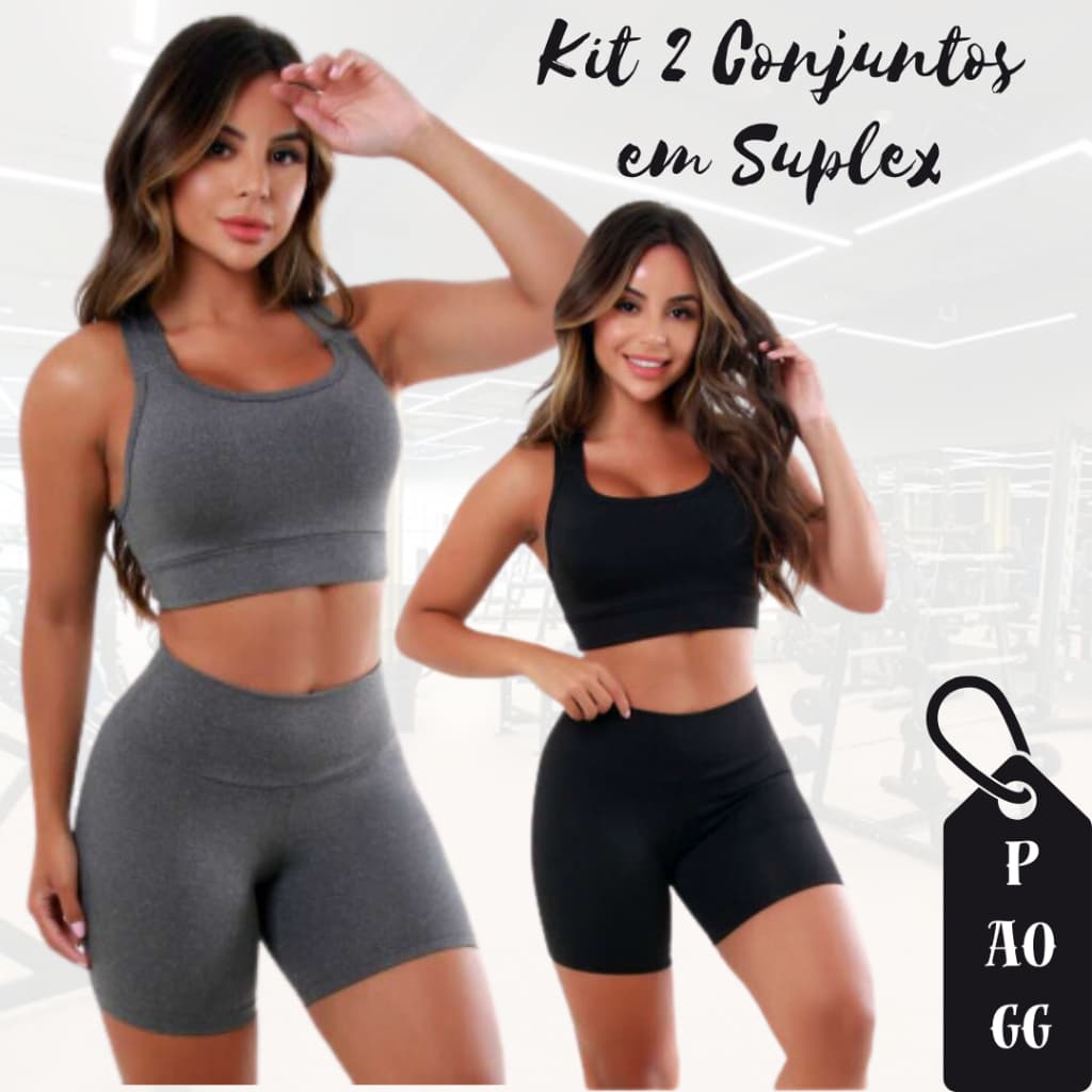 Kit De Academia Com 2 Tops + 2 Shorts Legging Feminino Fitness Em Suplex Meia Coxa Cintura Alta Conjunto