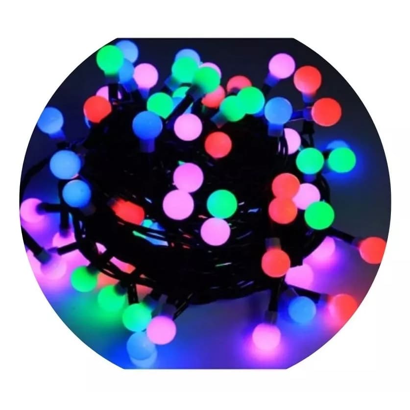 Cordão 100 Lâmpada Cerejinha Cor Colorida Leds Fio Verde 8 Metros 8 Funções de Piscas