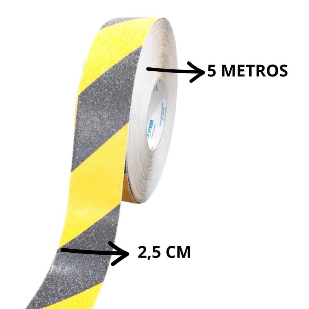 Rolo 5 Metros Fita Lixa Adesiva Antiderrapante zebrada Amarela Preta com 2,5 cm Piso Escada Rampa
