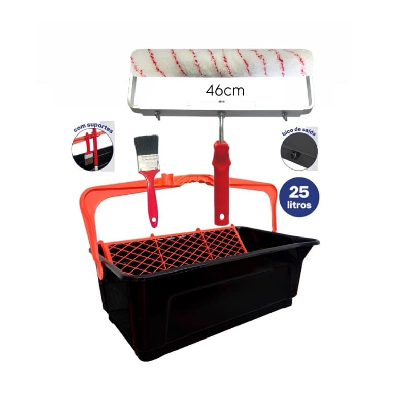 Kit P/ Pintura Grande  C/ Rolo 46cm, Bandeja 25L c/ Alça + Suporte Duplo+ Trincha 2"