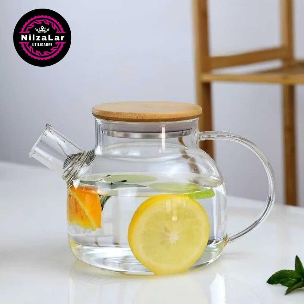 Chaleira de Vidro Tampa de Bambu Borossilicato Jarra Bule com Coador Resistente a Calor 1,3 L