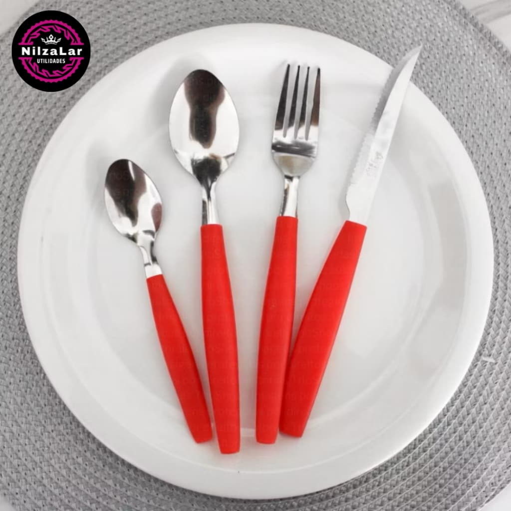 Conjunto de talheres colorido Faqueiro 16 Peças Aço Inox mais Pote na Cor Vermelha