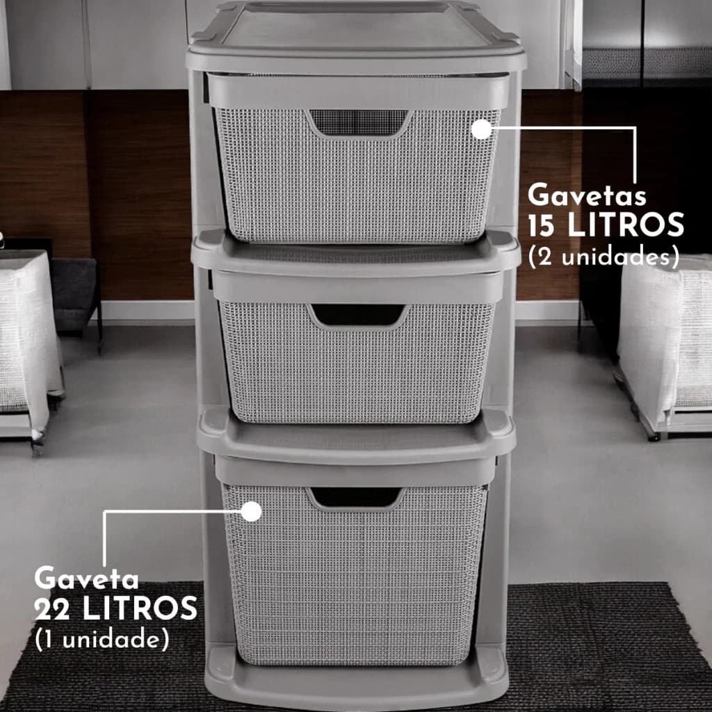 Gaveteiro de Chão Organizador Grande de Chão com 3 Gavetas 15 Litros 22 Litros em Plástico Cinza