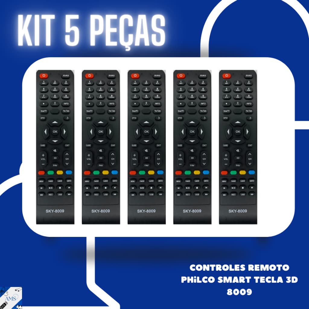 Kit 5 peças controle remoto compatível com Philco T V Smart Tecla 3D 8009
