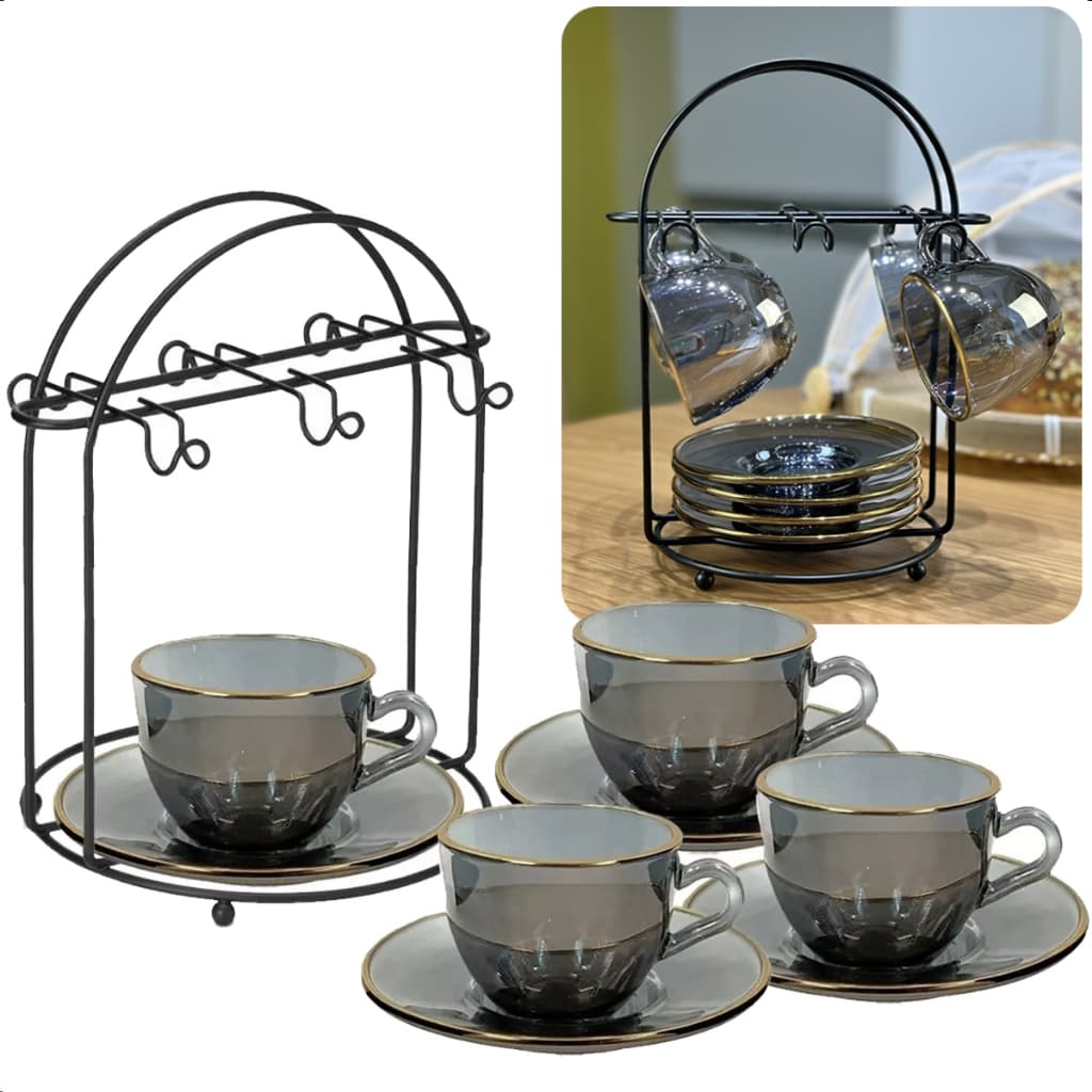 Kit 4 Xicaras Cristal 85ml Com Pires Menfis Borda Dourada e Suporte Aço Preto Luxo Coffee