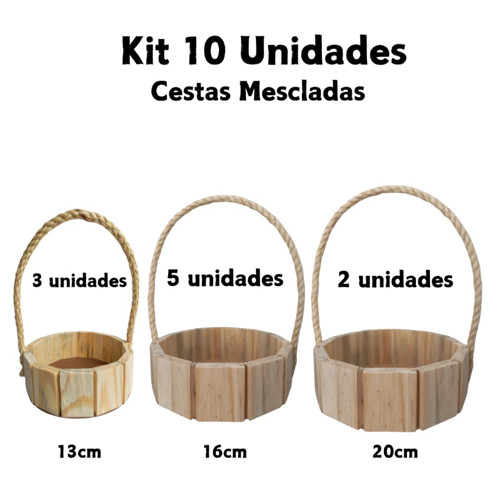 Kit 10 Cestas de Madeira Mescladas Tamanhos Variados 13cm, 16cm e 20cm Para Presentes