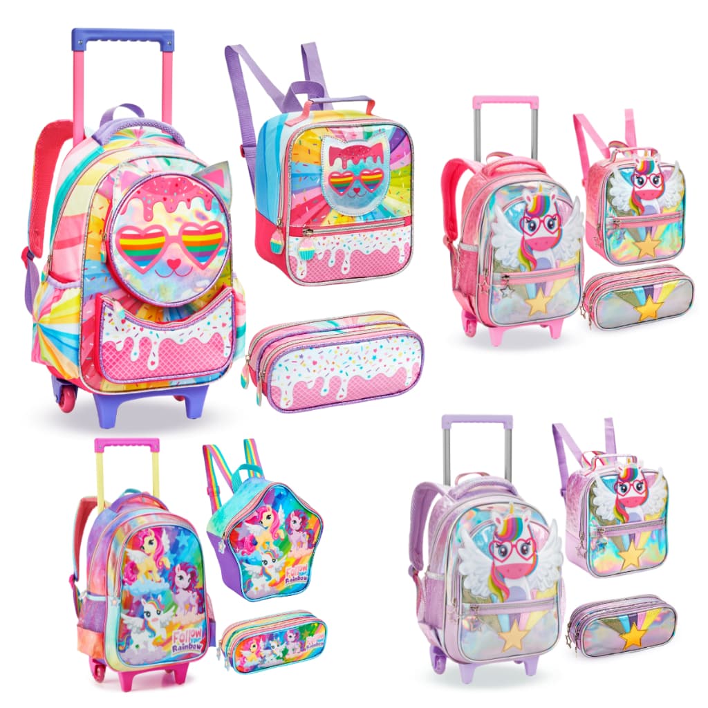 Kit Mochila Escolar De Rodinha Lancheira e Estojo Infantil Para Menina