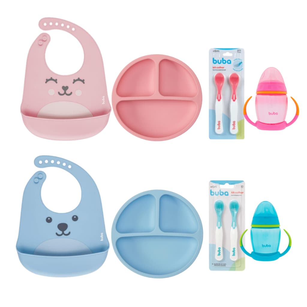 Kit Alimentação Silicone Buba Prato Silicone Bebê Babador Silicone Talher Treinamento Buba Kit Introdução Alimentar