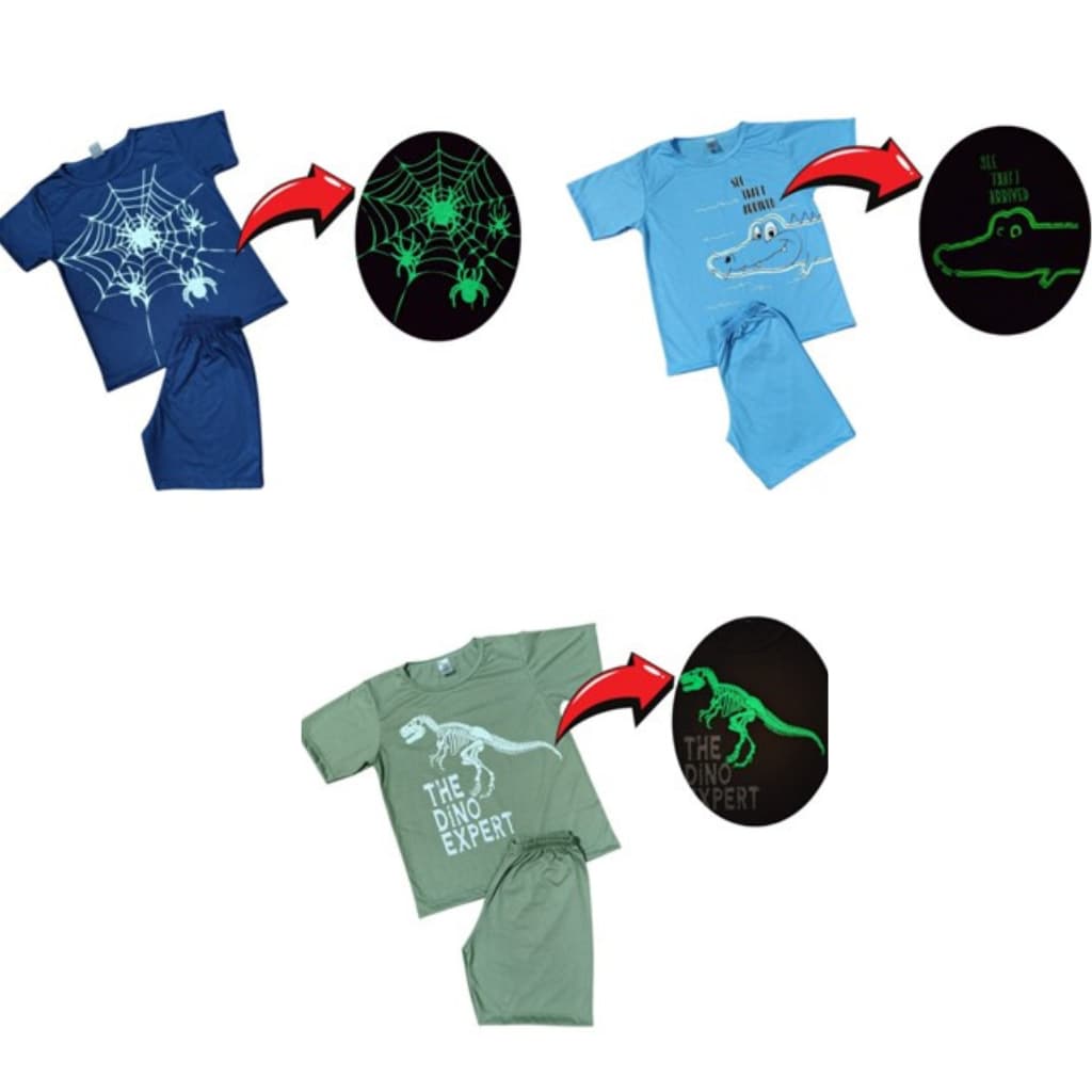 kit 3 Conjuntos Pijama de Verão Juvenil e Infantil Menino Masculino e Menina Feminino que Brilha no Escuro do 1 ao  16