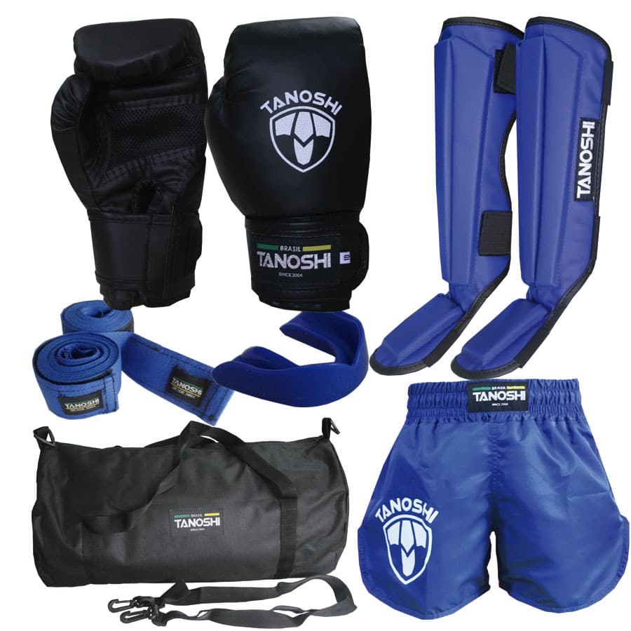 Kit completo Azul MuayThai com luva boxe, caneleira, shorts, bucal, bandagem e bolsa xsp