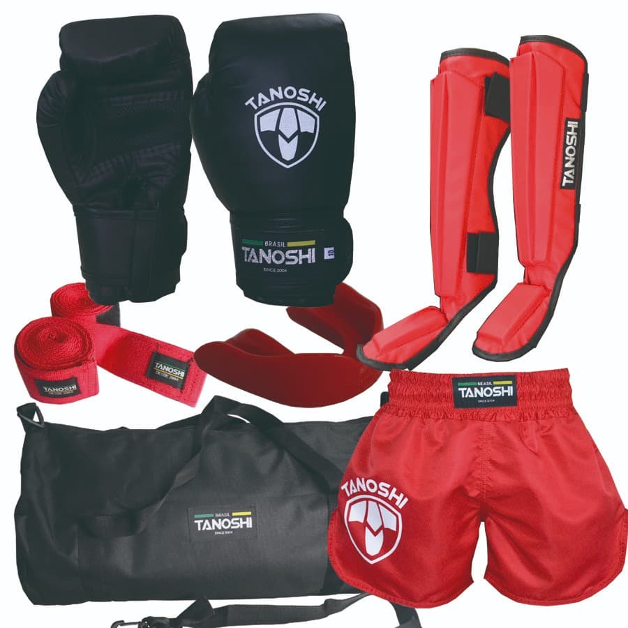 Kit completo Vermelho MuayThai com luva boxe, caneleira, shorts, bucal, bandagem e bolsa xsp