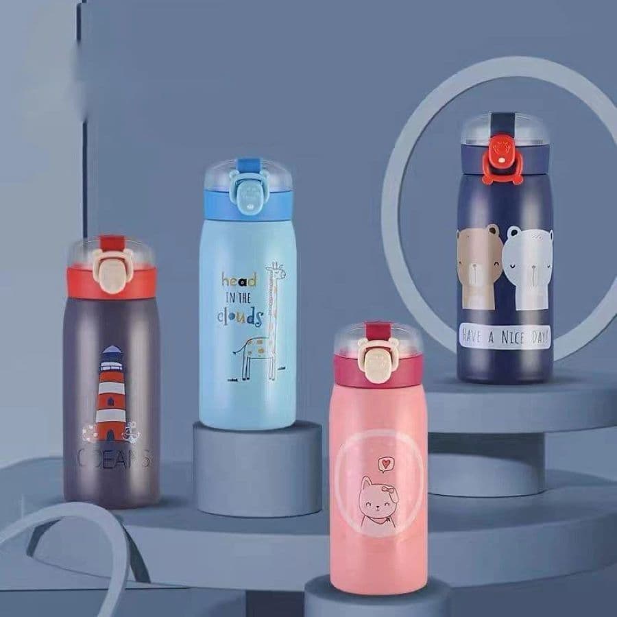 Garrafa Térmica Infantil Aço Inox Com Canudo e Estampa Animais Urso Gato De 350ML