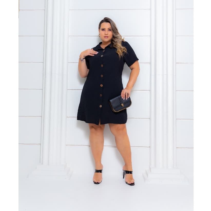 Vestido Feminino Chamise Duna Plus Size Manga Curta Com Botoes de coco