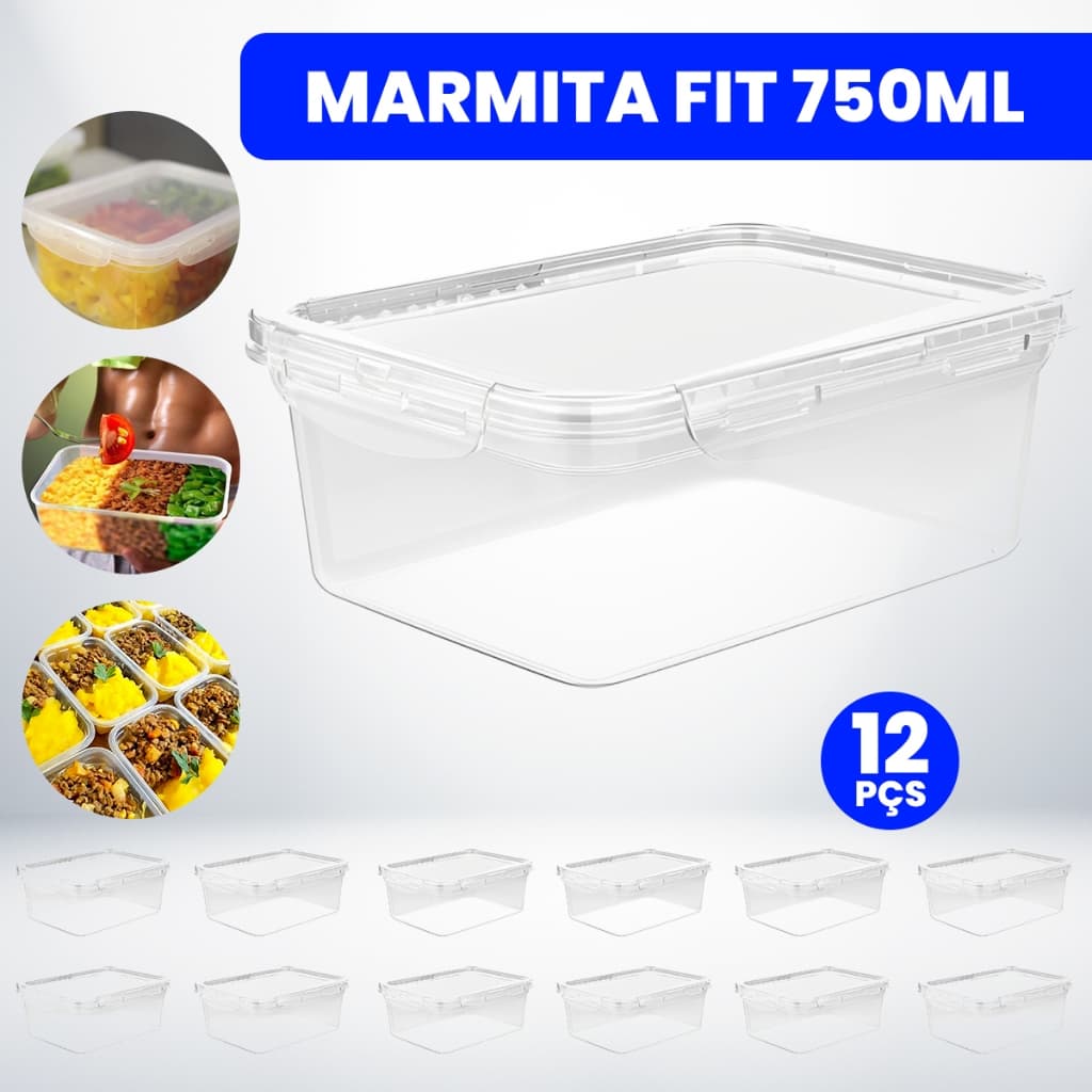 Kit 12 Potes Marmita Fit 750ML Retangular Com Tampa 4 Travas Jogo de Potes Livres de BPA