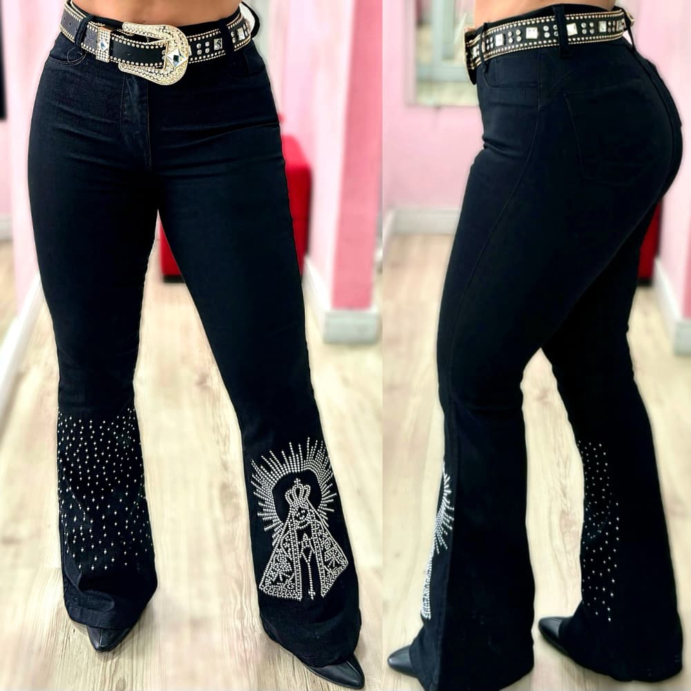 Calça Flare Jeans Country Feminina Nossa Sra. Aparecida Padroeira Rodeio Cavalgada West