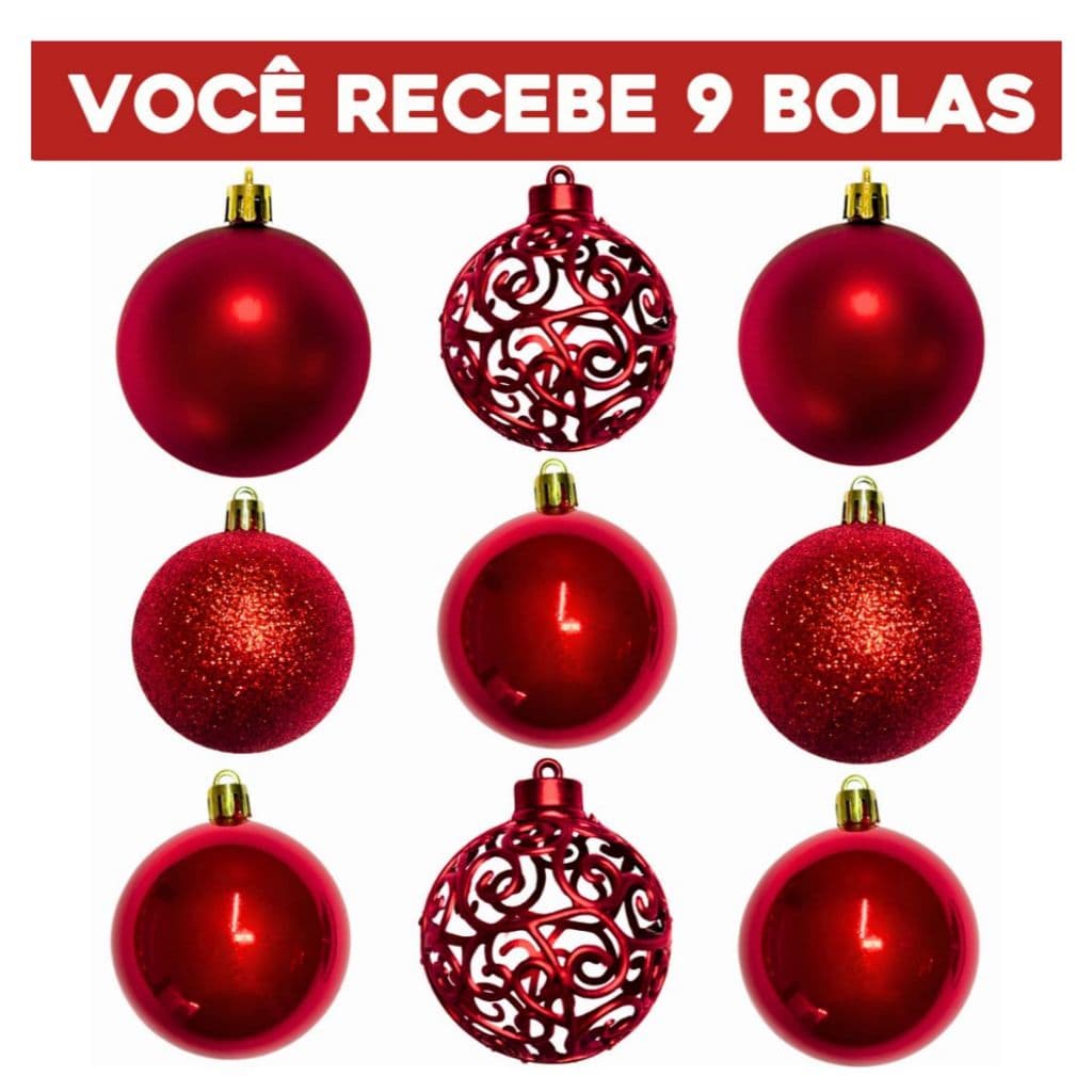 Kit 9 bolas de natal enfeite para árvore enfeite natalino 6 cm luxo brilho fosca e com glitter vermelho