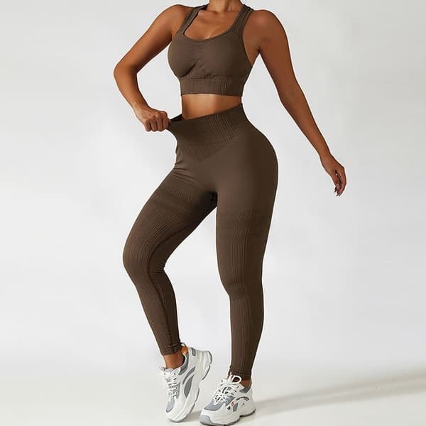 Conjunto de Calça Legging Canelada de Cintura Alta Sem Costura para Academia Feminina Fitness
