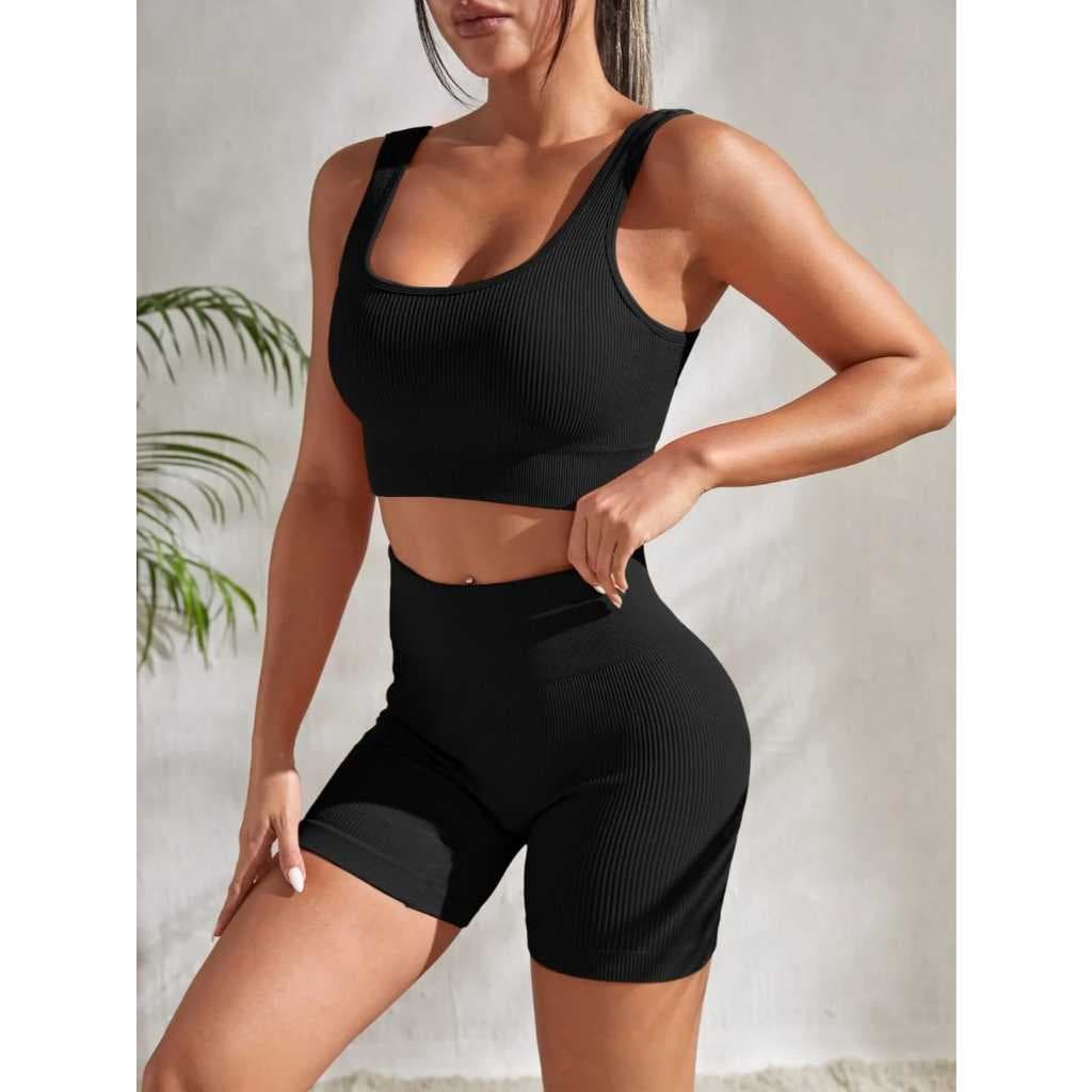 Conjunto de Short Canelado de Cintura Alta Sem Costura para Academia Feminina, Elástica e Fitness