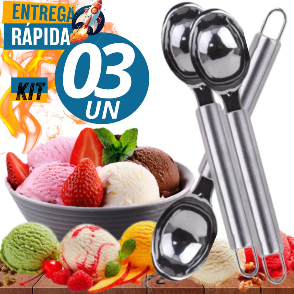 Conjunto Jogo Kit 3 Pegadores de Sorvete Colher para Sorvete Inox Alta Qualidade