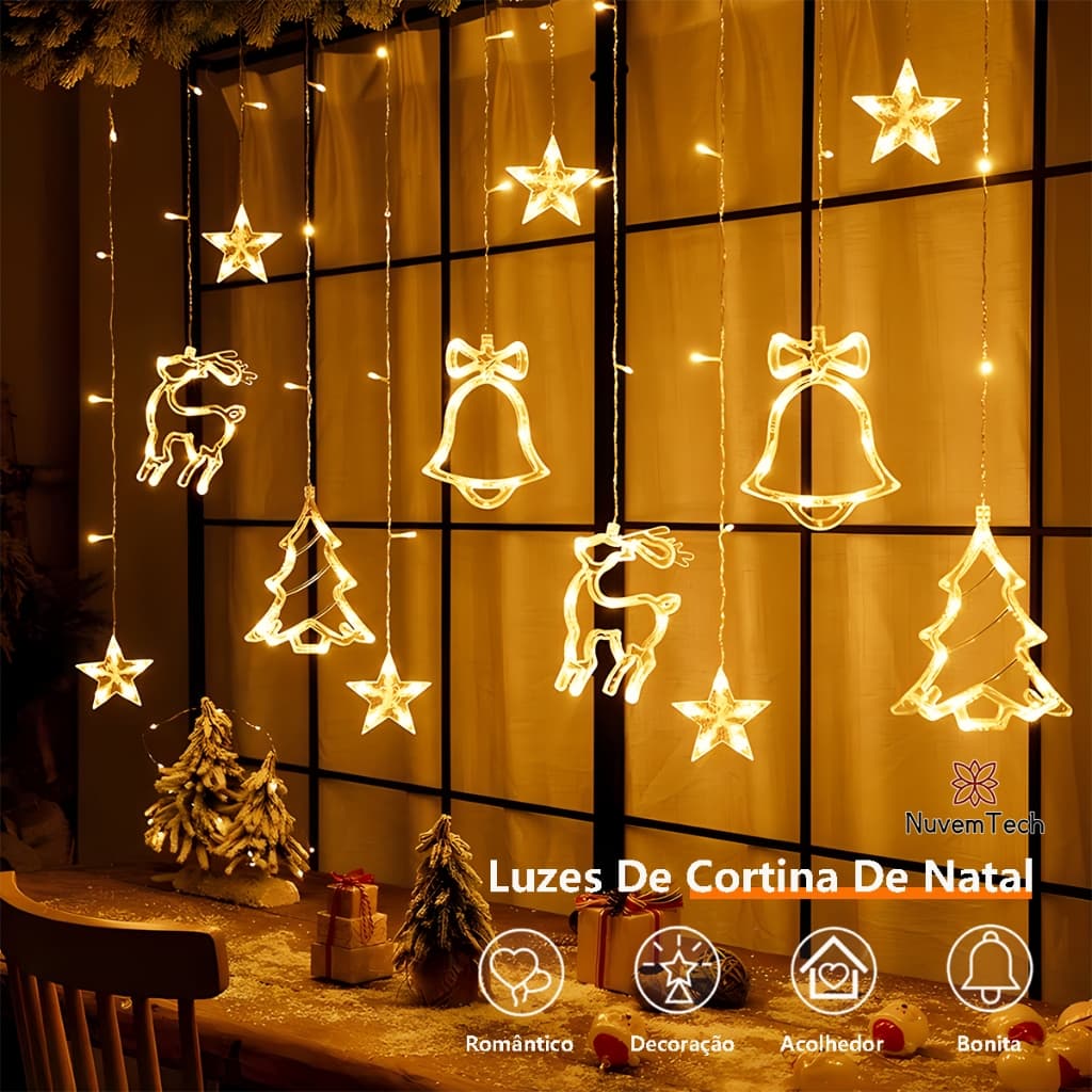 Cascata Pisca Pisca Natal Cortina Cordão Luzes Alce Sino Estrela LED 8 Funções 3.5 Metros Natalinos Decoração Para Casa